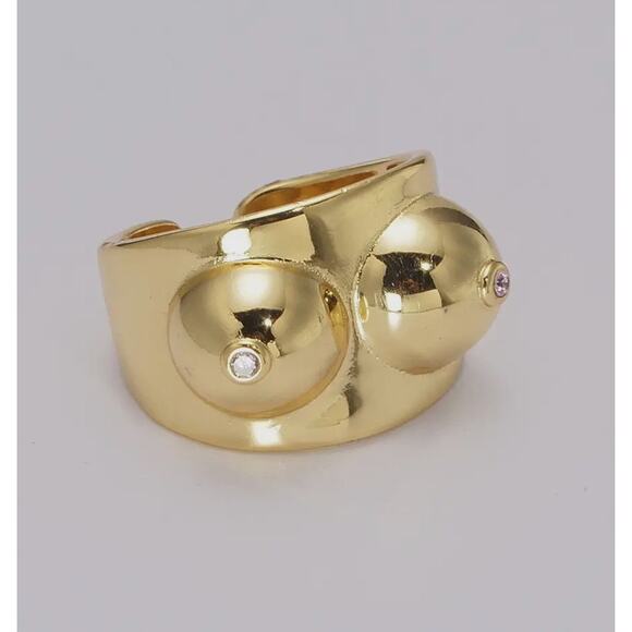 AIM Internal Jewelry - Gold Boobs Ring Novelty Breast Cancer Awareness. Or Breastfeeding Adjustable